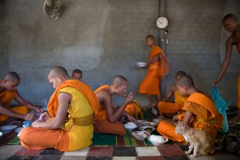 CAMBODIA. Siem Reap.  Young monks eat lunch in wat Po Bun Thiay Jai.